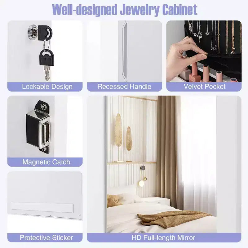 Armadietto portagioie a specchio Costway con specchio a figura intera e ganci interni con luci LED