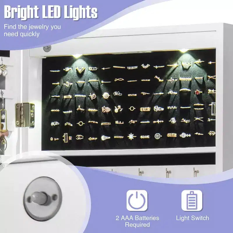 Armadietto portagioie a specchio Costway con specchio a figura intera e ganci interni con luci LED