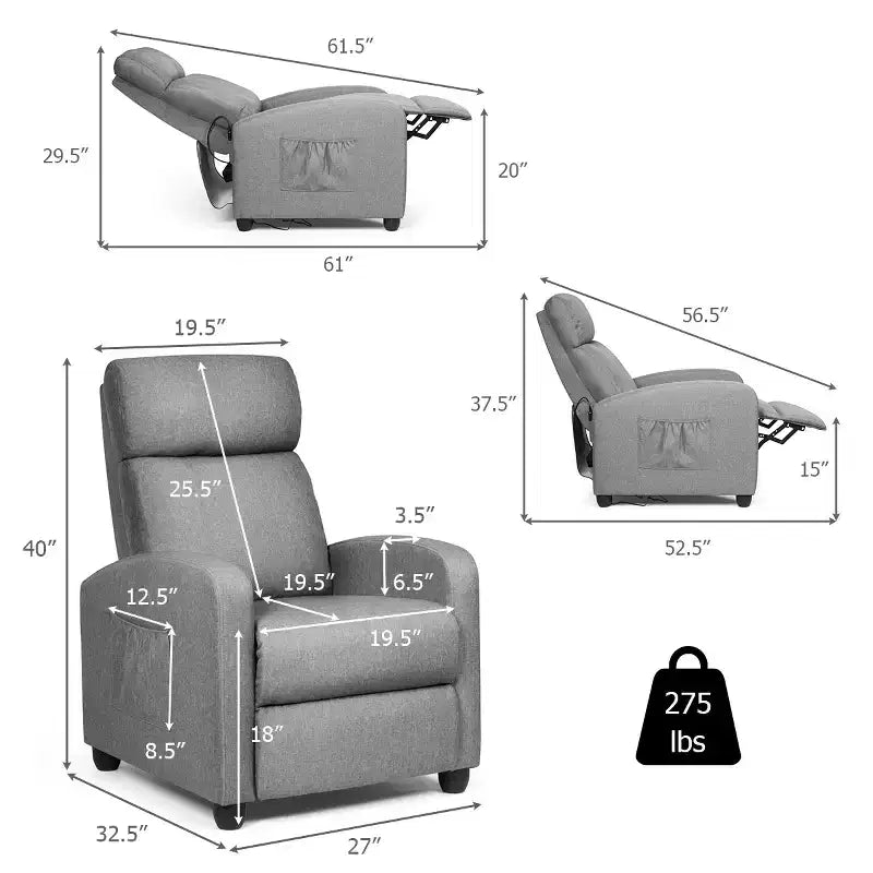 Costway Poltrona Massaggiante Reclinabile, Poltrona Singola Ergonomica Regolabile con Sedile Imbottito Nero\Marrone\Grigio