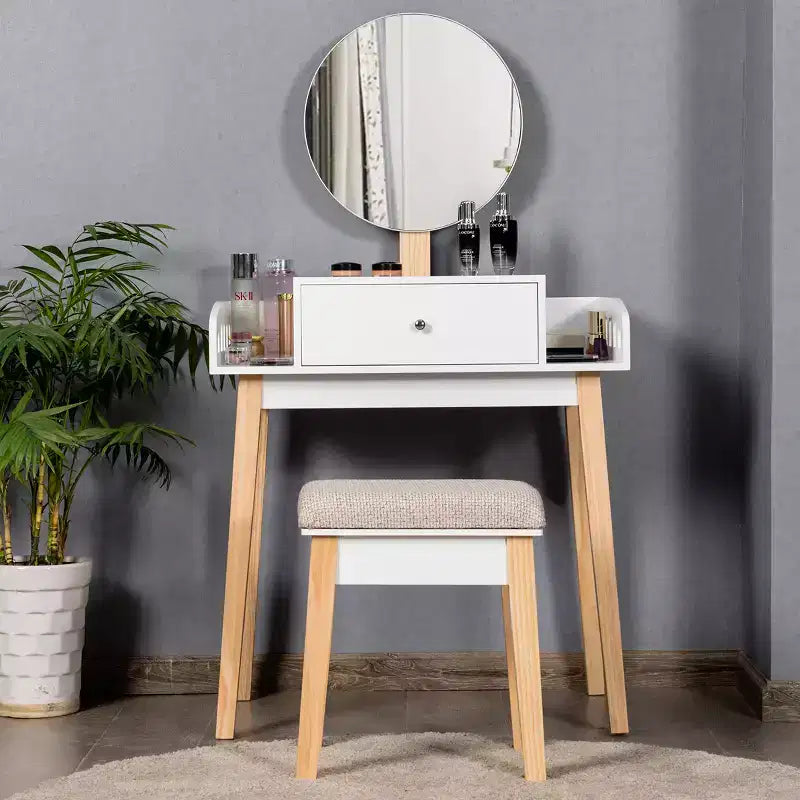 Costway Tavolino Trucco Toeletta in Legno con Sgabello Tondo e Cassetto