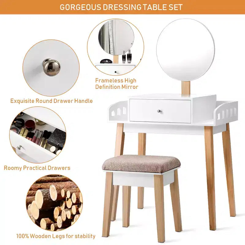 Costway Tavolino Trucco Toeletta in Legno con Sgabello Tondo e Cassetto