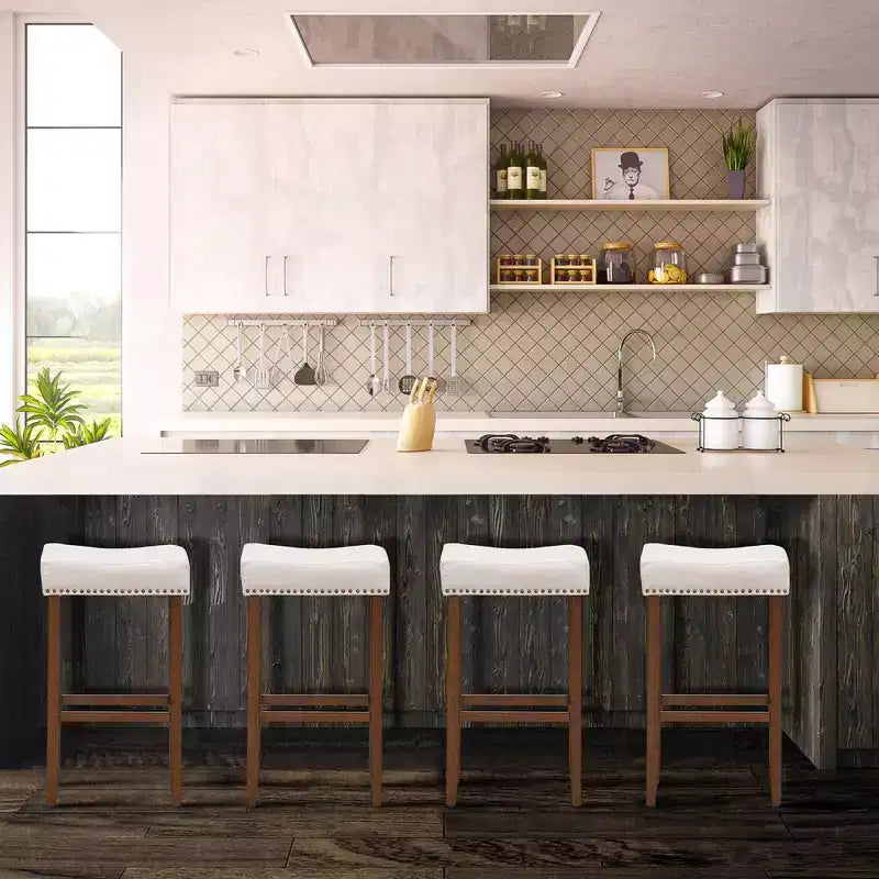 Sgabelli da bar Costway set da 4 con borchie, altezza 74 cm, seduta in tessuto e gambe in legno, grigio/beige