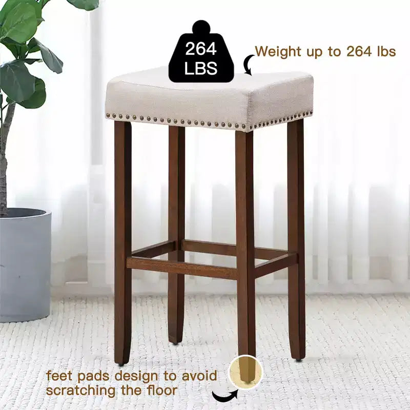 Sgabelli da bar Costway set da 4 con borchie, altezza 74 cm, seduta in tessuto e gambe in legno, grigio/beige