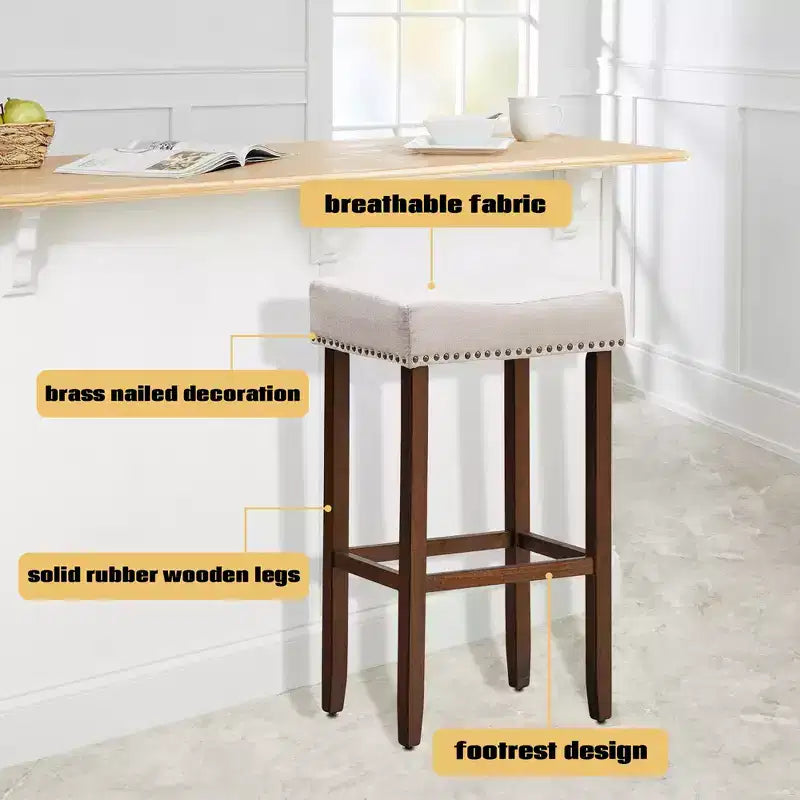 Sgabelli da bar Costway set da 4 con borchie, altezza 74 cm, seduta in tessuto e gambe in legno, grigio/beige