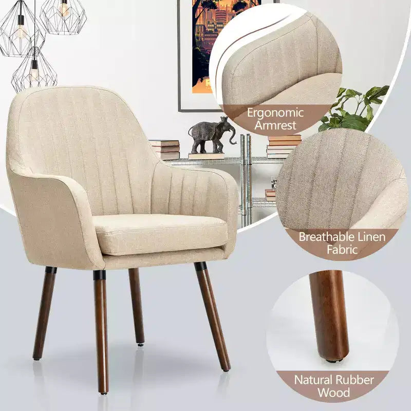 Costway Set di 2 poltrone imbottite in tessuto con gambe in legno Beige/Grigio