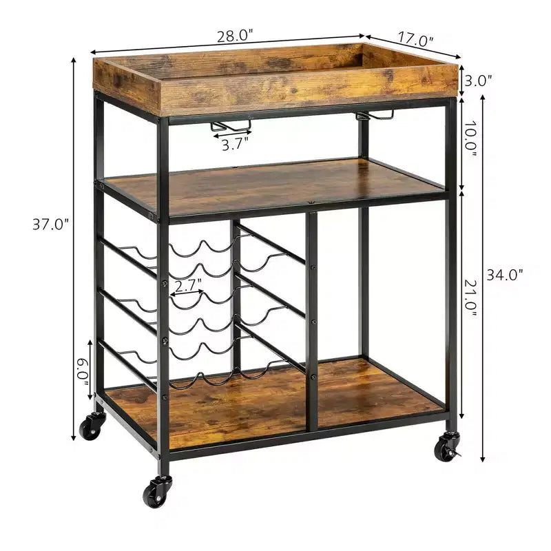 Costway Carrello da Cucina a 3 Livelli con Rotelle e Portabottiglie