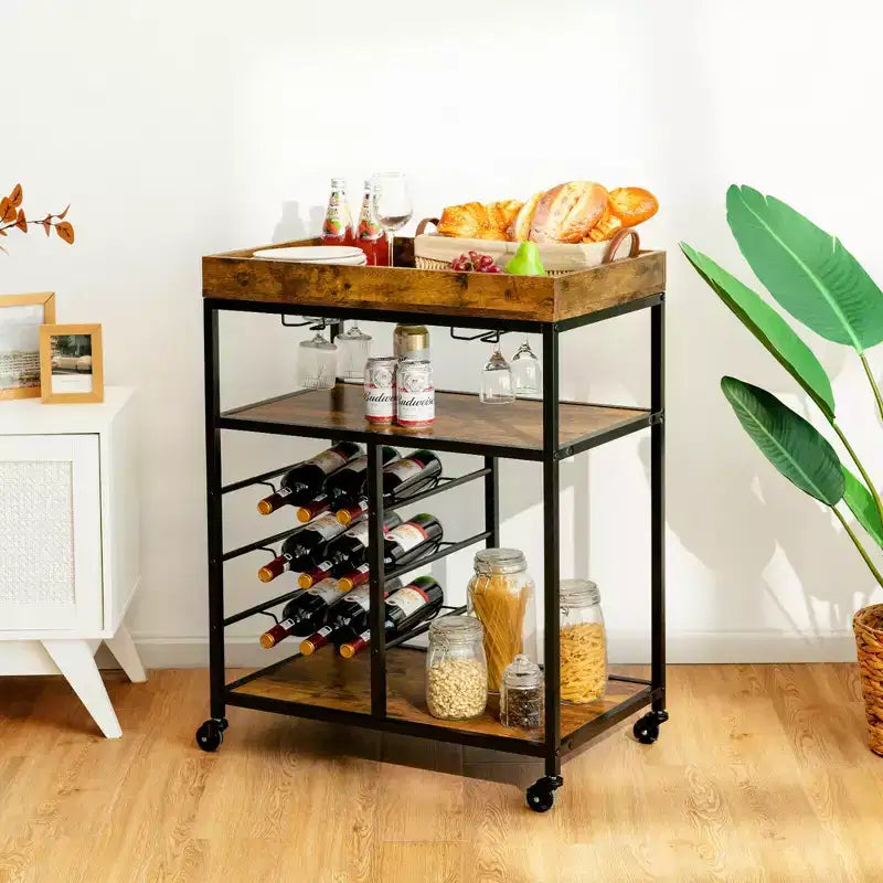 Costway Carrello da Cucina a 3 Livelli con Rotelle e Portabottiglie