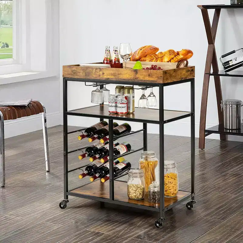 Costway Carrello da Cucina a 3 Livelli con Rotelle e Portabottiglie