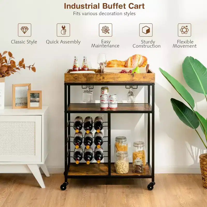 Costway Carrello da Cucina a 3 Livelli con Rotelle e Portabottiglie
