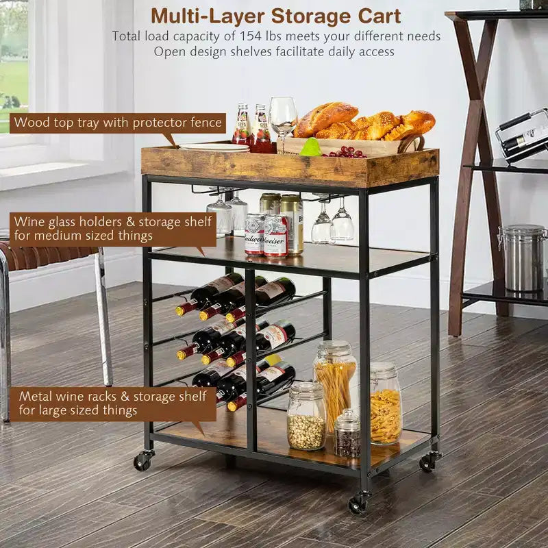 Costway Carrello da Cucina a 3 Livelli con Rotelle e Portabottiglie