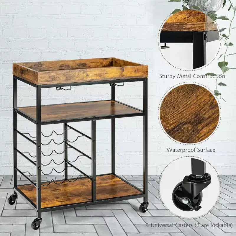 Costway Carrello da Cucina a 3 Livelli con Rotelle e Portabottiglie