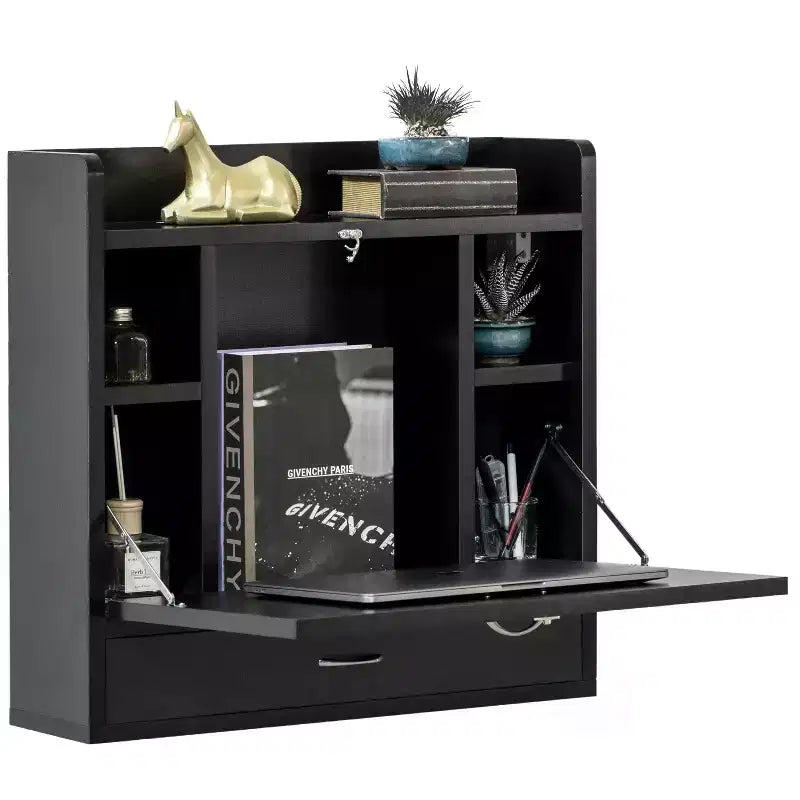 Basicwise Wall Mount Folding Laptop Writing Computer or Makeup Desk with Storage Shelves and Drawer