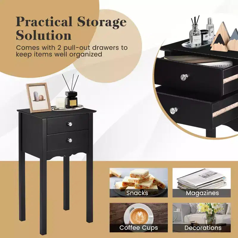 Costway Set 2 comodini tavolino d'appoggio tavolino da salotto con 2 cassetti nero
