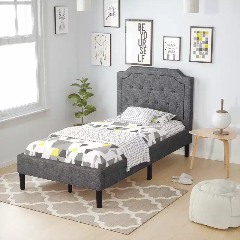 Costway Base Letto Matrimoniale Imbottita con Testiera in Lino e Rete a Doghe, Grigio