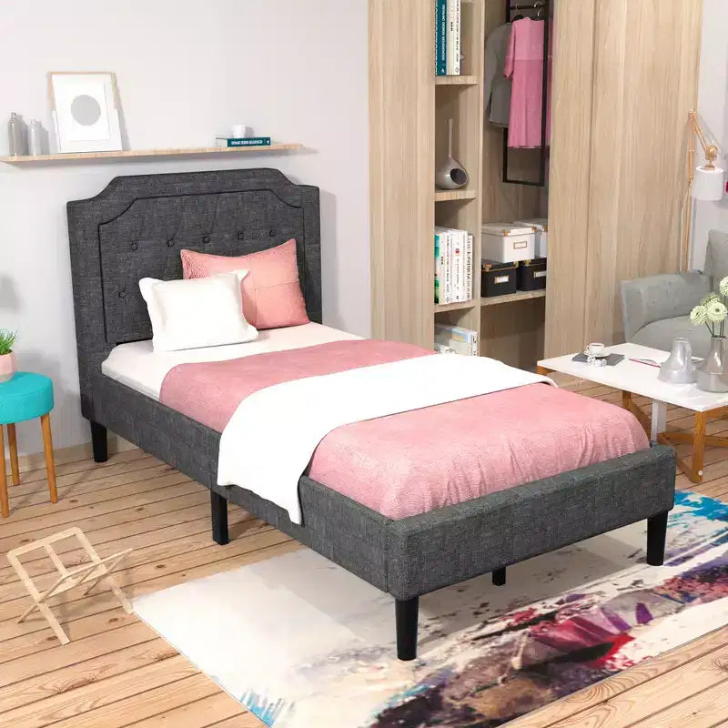 Costway Base Letto Matrimoniale Imbottita con Testiera in Lino e Rete a Doghe, Grigio