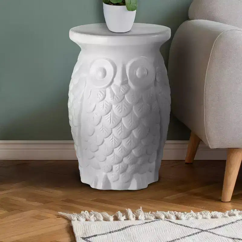 JONATHAN Y Groovy Owl 17.5 Sgabello da Giardino/Tavolino d'Appoggio in Ceramica, Bianco