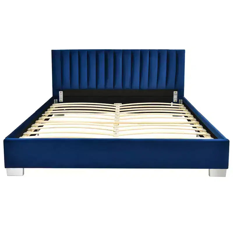 Struttura letto imbottita Costway, dimensioni Full, letto a piattaforma moderno con testiera verticale a canali, non necessita di rete a molle, colore Blu Navy/Grigio