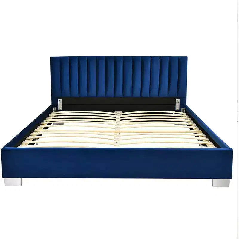 Struttura letto imbottita Costway, dimensioni Full, letto a piattaforma moderno con testiera verticale a canali, non necessita di rete a molle, colore Blu Navy/Grigio