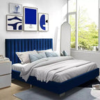 Struttura letto imbottita Costway, dimensioni Full, letto a piattaforma moderno con testiera verticale a canali, non necessita di rete a molle, colore Blu Navy/Grigio