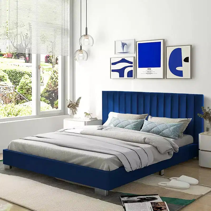 Struttura letto imbottita Costway, dimensioni Full, letto a piattaforma moderno con testiera verticale a canali, non necessita di rete a molle, colore Blu Navy/Grigio