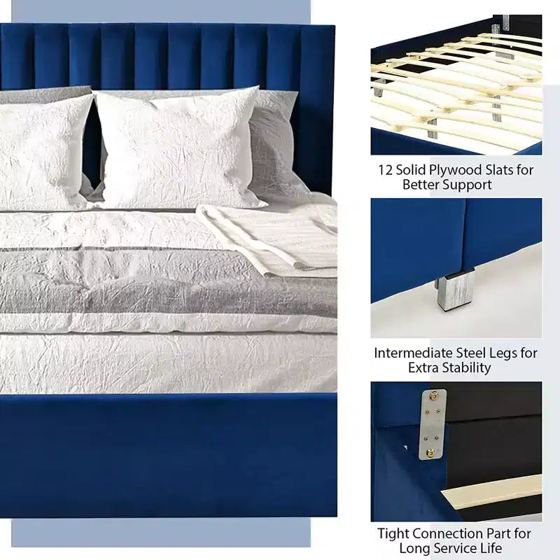 Struttura letto imbottita Costway, dimensioni Full, letto a piattaforma moderno con testiera verticale a canali, non necessita di rete a molle, colore Blu Navy/Grigio