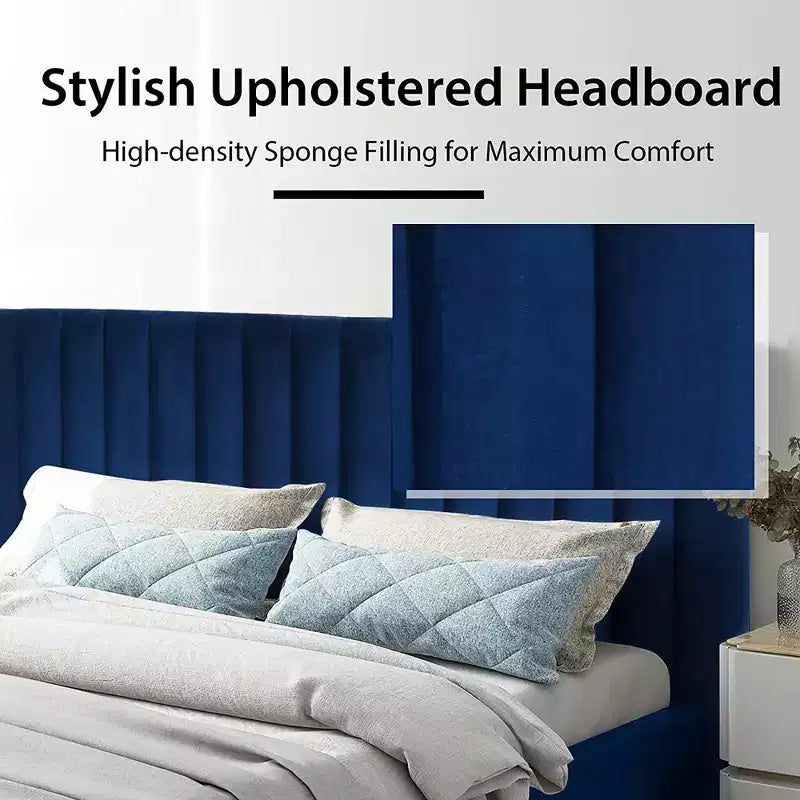 Struttura letto imbottita Costway, dimensioni Full, letto a piattaforma moderno con testiera verticale a canali, non necessita di rete a molle, colore Blu Navy/Grigio
