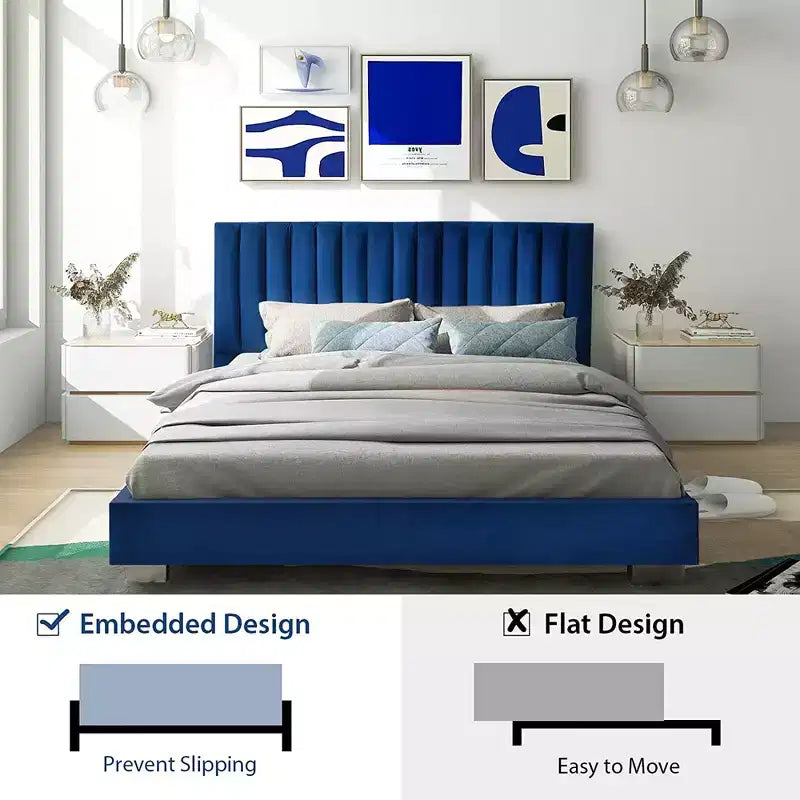 Struttura letto imbottita Costway, dimensioni Full, letto a piattaforma moderno con testiera verticale a canali, non necessita di rete a molle, colore Blu Navy/Grigio