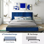 Struttura letto imbottita Costway, dimensioni Full, letto a piattaforma moderno con testiera verticale a canali, non necessita di rete a molle, colore Blu Navy/Grigio