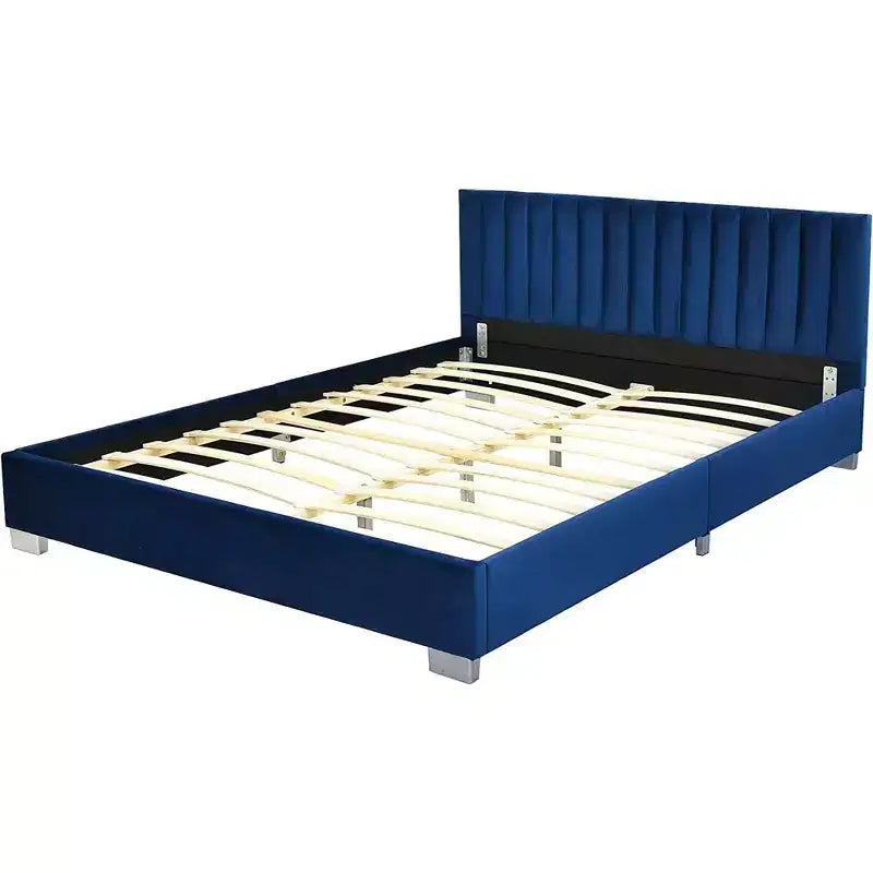 Struttura letto imbottita Costway, dimensioni Full, letto a piattaforma moderno con testiera verticale a canali, non necessita di rete a molle, colore Blu Navy/Grigio
