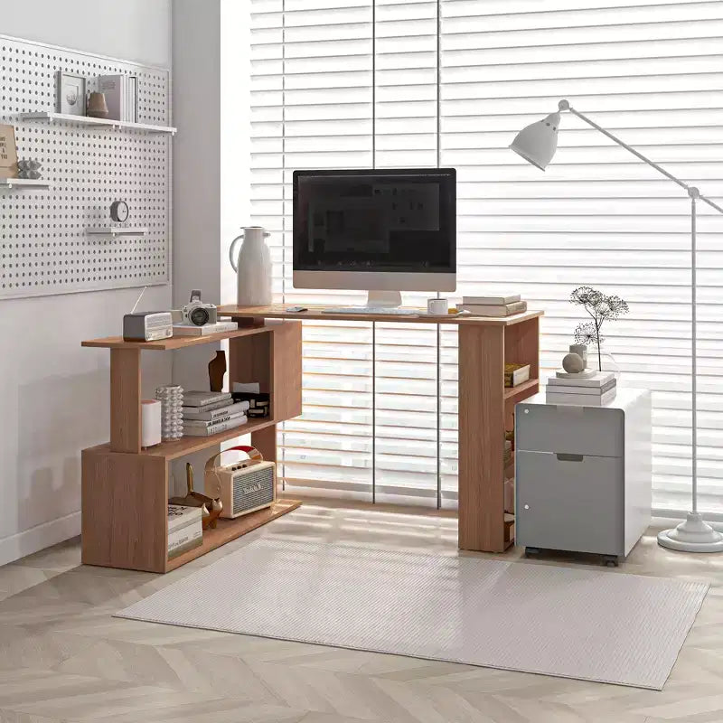 HOMCOM Scrivania da Ufficio Girevole a 360° a L ad Angolo per Computer con Scaffali Contenitori, Scrivania da Lavoro