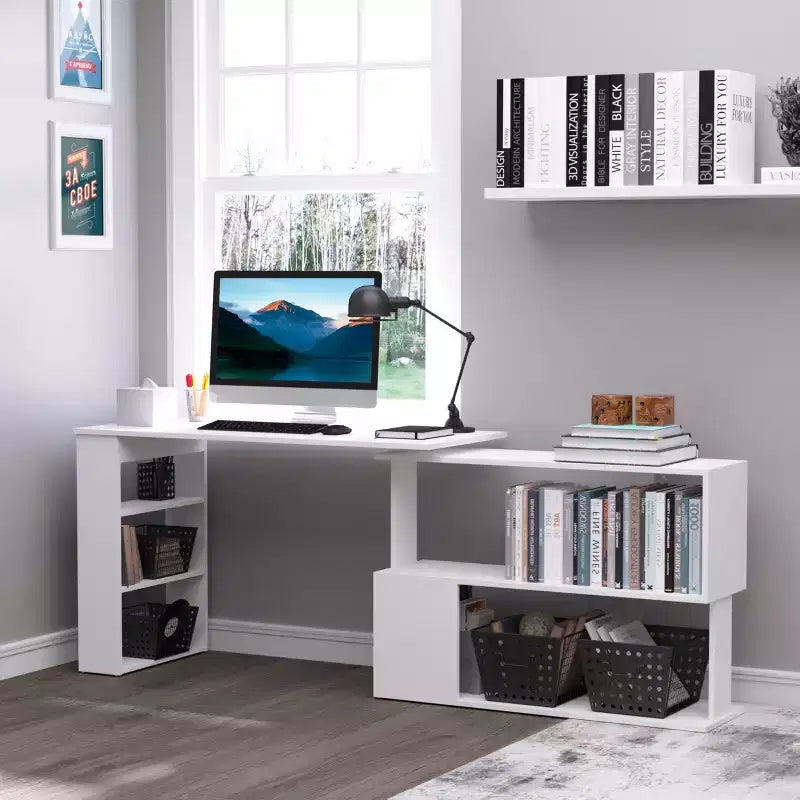 HOMCOM Scrivania da Ufficio Girevole a 360° a L ad Angolo per Computer con Scaffali Contenitori, Scrivania da Lavoro