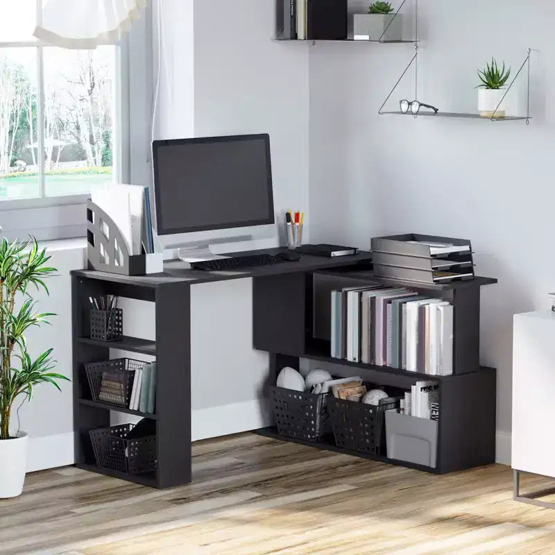 HOMCOM Scrivania da Ufficio Girevole a 360° a L ad Angolo per Computer con Scaffali Contenitori, Scrivania da Lavoro