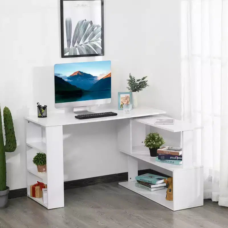 HOMCOM Scrivania da Ufficio Girevole a 360° a L ad Angolo per Computer con Scaffali Contenitori, Scrivania da Lavoro