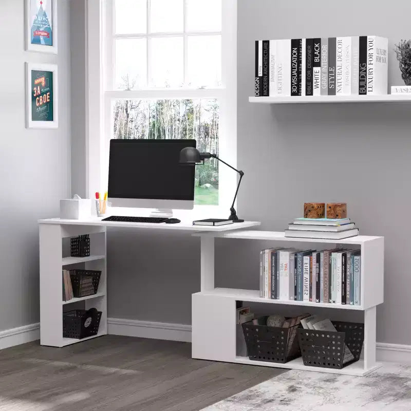 HOMCOM Scrivania da Ufficio Girevole a 360° a L ad Angolo per Computer con Scaffali Contenitori, Scrivania da Lavoro