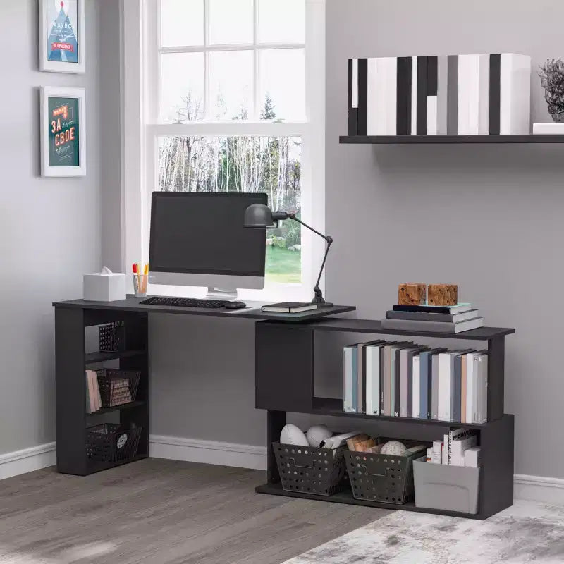 HOMCOM Scrivania da Ufficio Girevole a 360° a L ad Angolo per Computer con Scaffali Contenitori, Scrivania da Lavoro