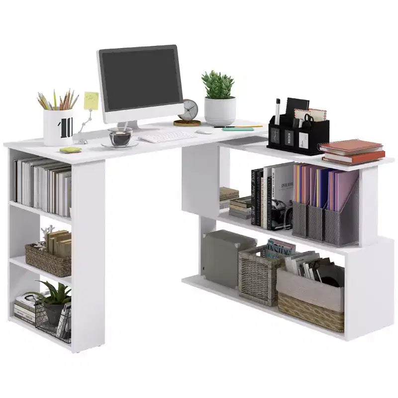 HOMCOM Scrivania da Ufficio Girevole a 360° a L ad Angolo per Computer con Scaffali Contenitori, Scrivania da Lavoro