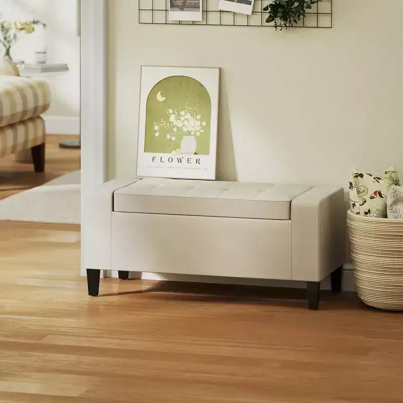 Panca Pouf Contenitore in Lino HOMCOM con Coperchio Sollevabile, Pouf Rettangolare Trapuntato per Soggiorno, Ingresso o Camera da Letto, Beige