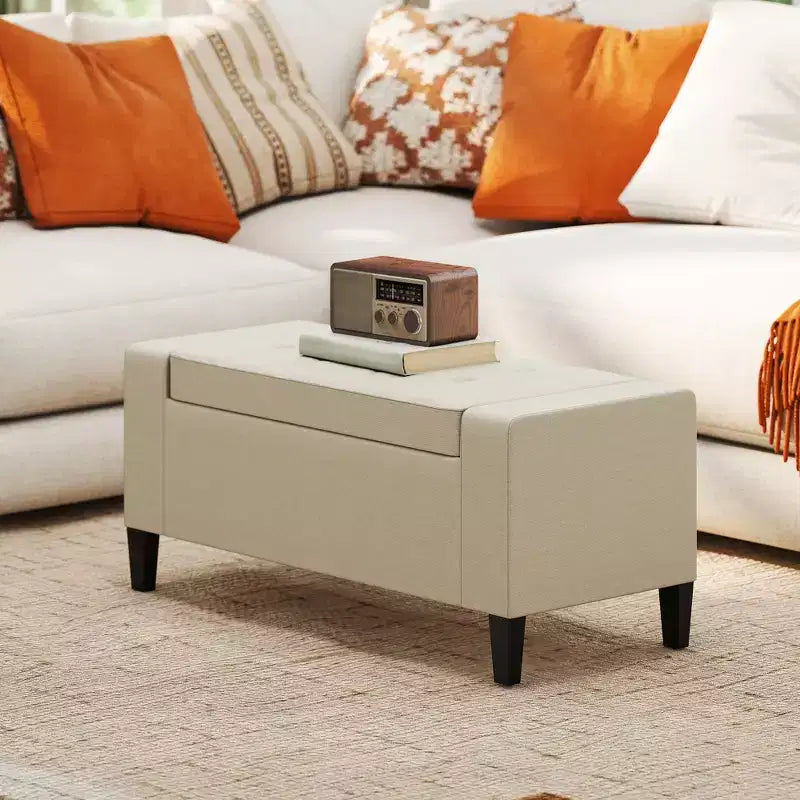 Panca Pouf Contenitore in Lino HOMCOM con Coperchio Sollevabile, Pouf Rettangolare Trapuntato per Soggiorno, Ingresso o Camera da Letto, Beige