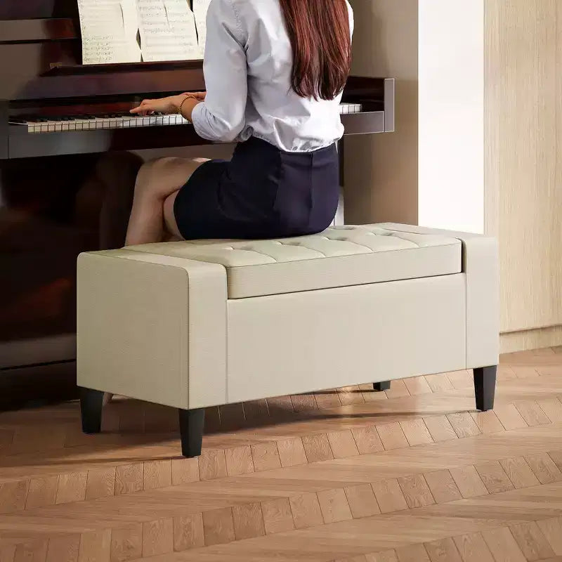 Panca Pouf Contenitore in Lino HOMCOM con Coperchio Sollevabile, Pouf Rettangolare Trapuntato per Soggiorno, Ingresso o Camera da Letto, Beige