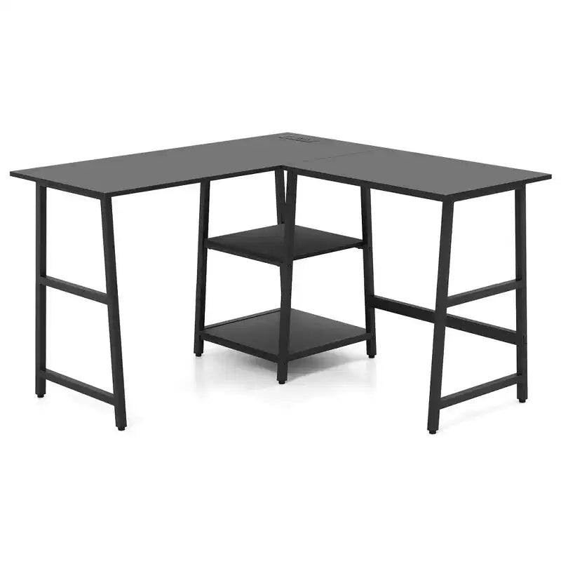 Scrivania angolare a L Costway con mensole, colore nero/marrone rustico