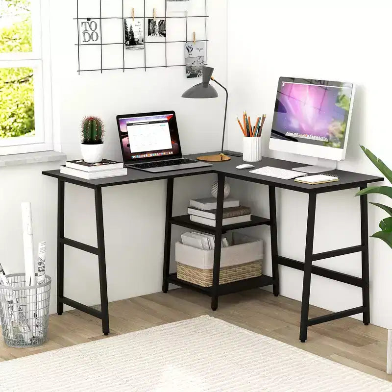 Scrivania angolare a L Costway con mensole, colore nero/marrone rustico