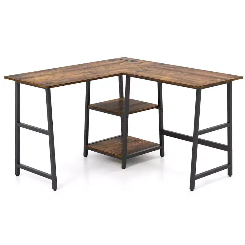 Scrivania angolare a L Costway con mensole, colore nero/marrone rustico