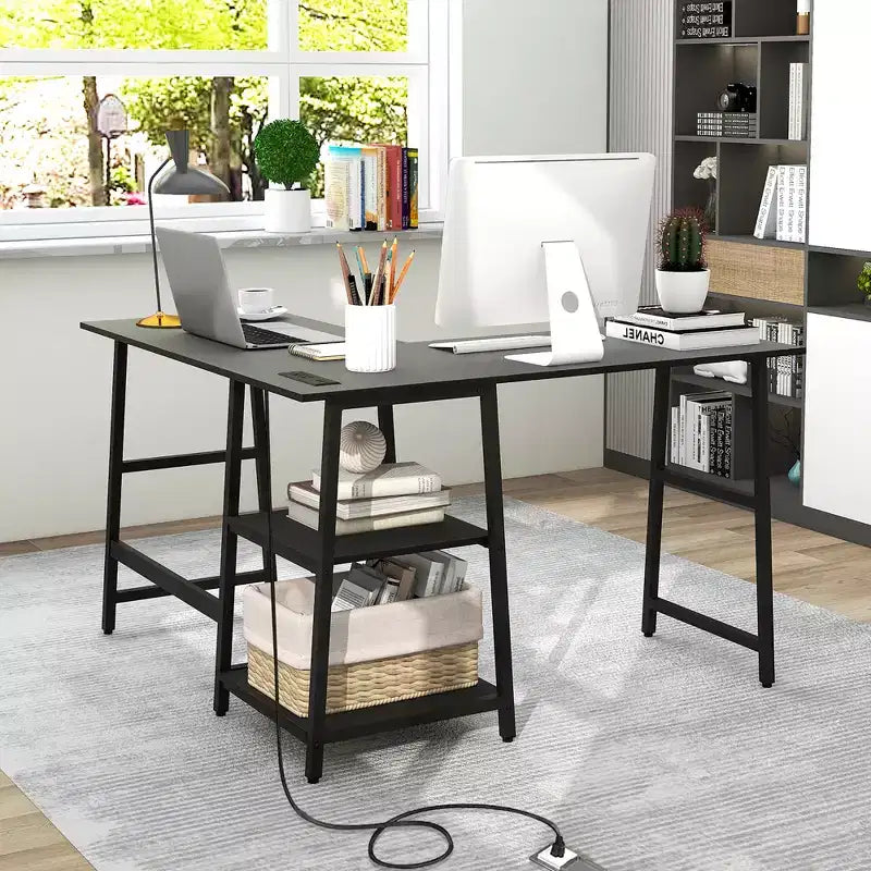 Scrivania angolare a L Costway con mensole, colore nero/marrone rustico