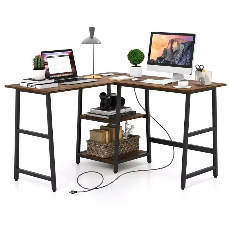 Scrivania angolare a L Costway con mensole, colore nero/marrone rustico