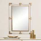 Specchio rettangolare da parete per vanità Uttermost, moderno, con cornice in ferro dorato e acrilico trasparente, smussato, 71 cm di larghezza, per bagno e soggiorno