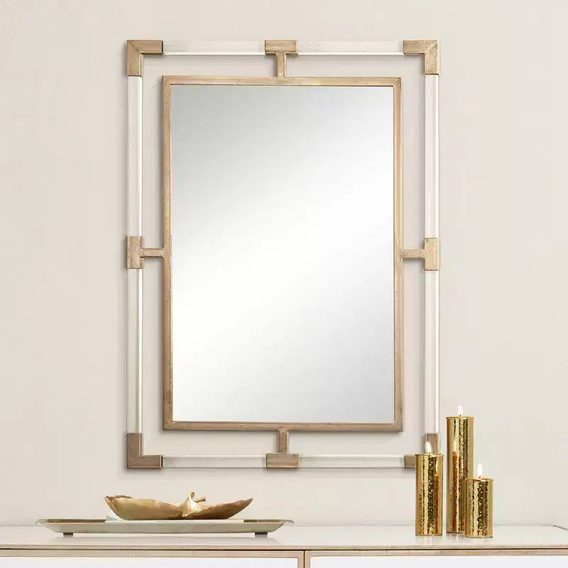 Specchio rettangolare da parete per vanità Uttermost, moderno, con cornice in ferro dorato e acrilico trasparente, smussato, 71 cm di larghezza, per bagno e soggiorno