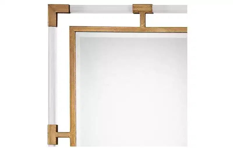 Specchio rettangolare da parete per vanità Uttermost, moderno, con cornice in ferro dorato e acrilico trasparente, smussato, 71 cm di larghezza, per bagno e soggiorno