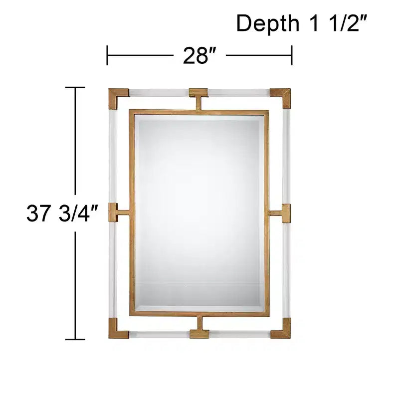 Specchio rettangolare da parete per vanità Uttermost, moderno, con cornice in ferro dorato e acrilico trasparente, smussato, 71 cm di larghezza, per bagno e soggiorno
