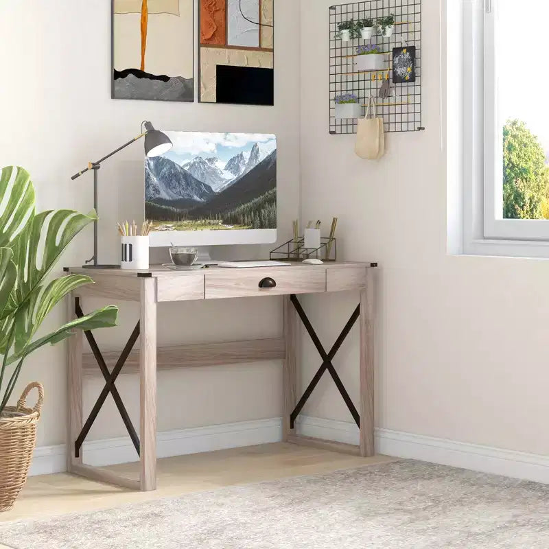 Scrivania da computer HOMCOM per ufficio, scrivania rustica, postazione di lavoro in stile farmhouse con cassetto portaoggetti, telaio a X