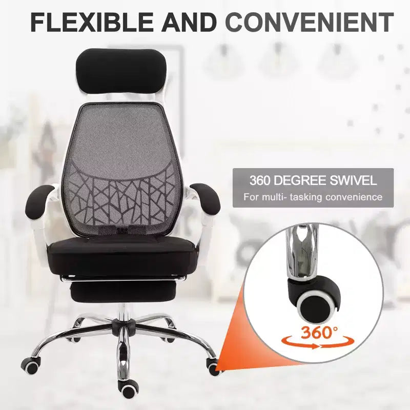 Vinsetto Sedia da Ufficio Ergonomica con Schienale Alto in Rete, Girevole, Reclinabile, con Poggiapiedi Estraibile, Poggiatesta e Braccioli Imbottiti